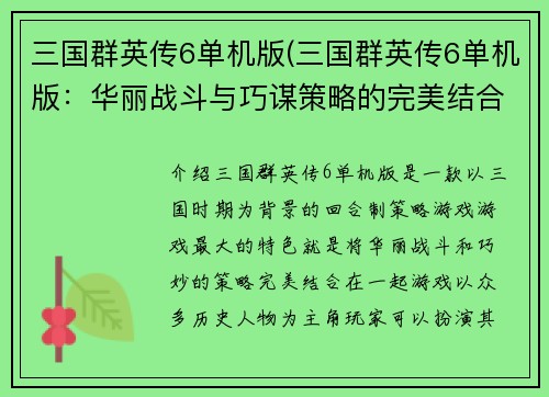 三国群英传6单机版(三国群英传6单机版:华丽战斗与巧谋策略的完美结合)