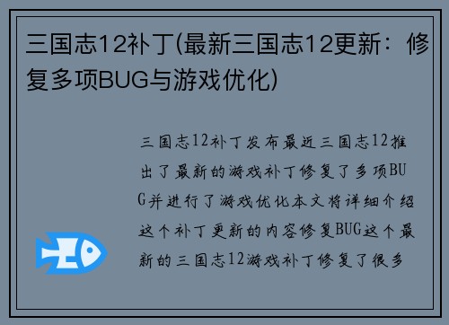 三国志12补丁(最新三国志12更新:修复多项BUG与游戏优化)