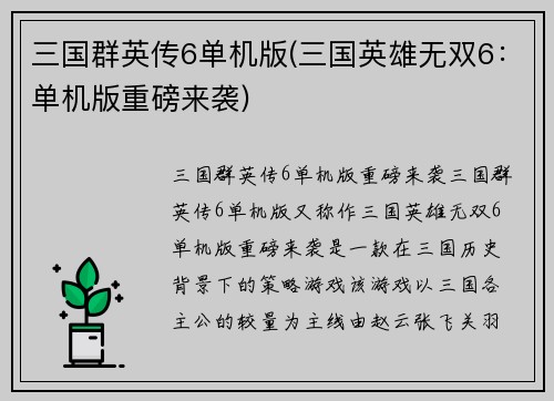 三国群英传6单机版(三国英雄无双6：单机版重磅来袭)